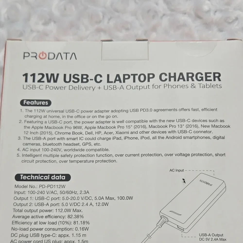 PRODATA 112W USB-C Power Adapter PD3.0 Universal Charger, USB-C & USB-A, Black